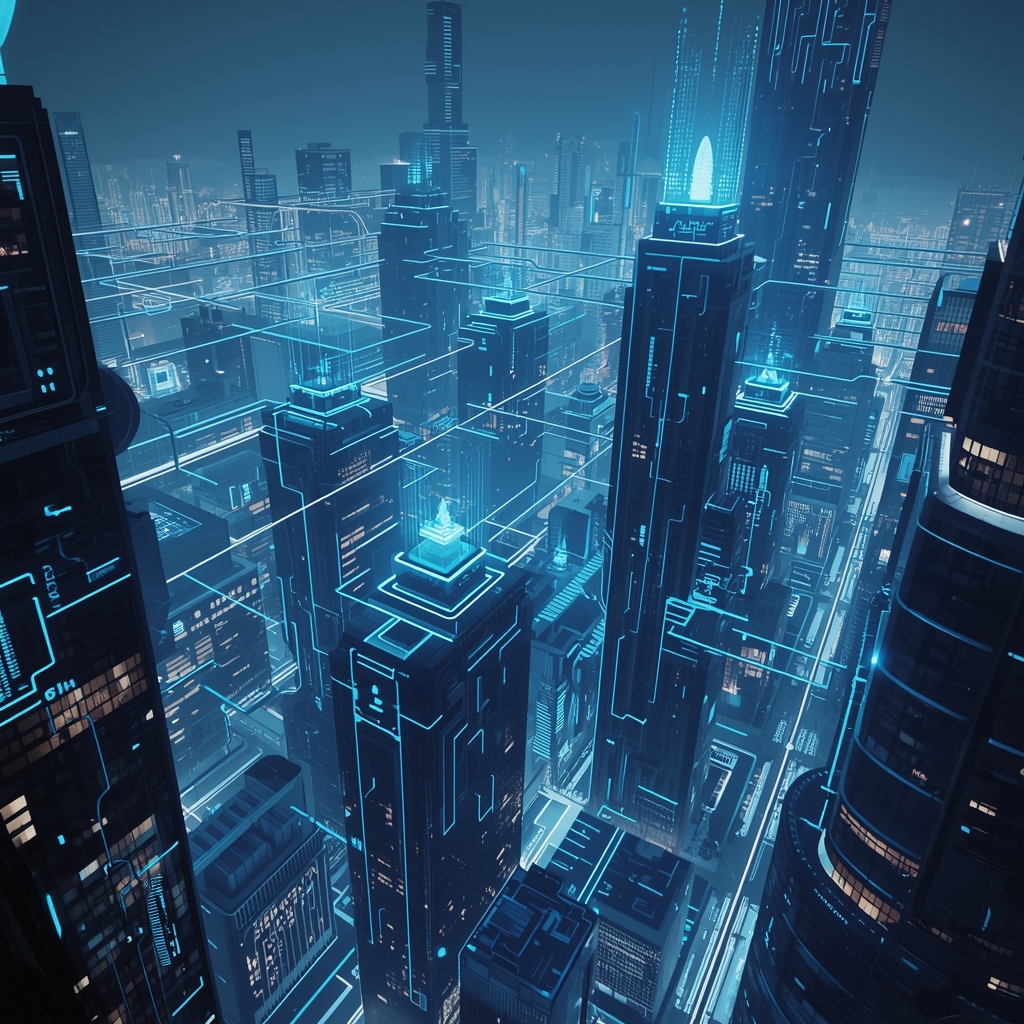 Futuristic cityscape with glowing blue neon lights, skyscrapers connected by data streams, cyberpunk aesthetic, high tech atmosphere, no people